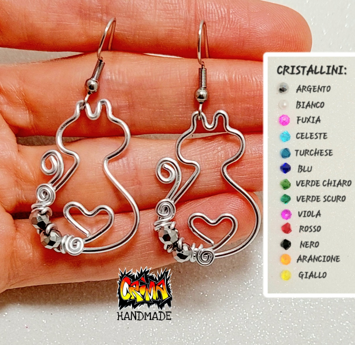 ORECCHINI GATTO CON CUORE CON CRITALLINI COLORATI