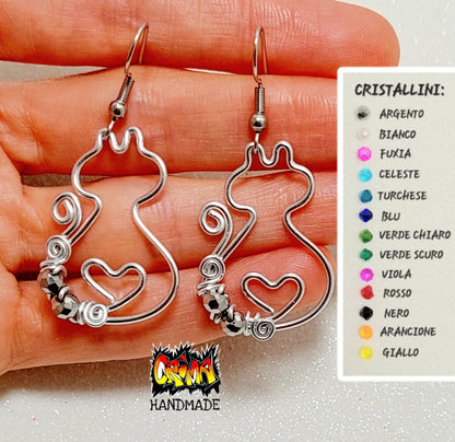 ORECCHINI GATTO CON CUORE CON CRITALLINI COLORATI
